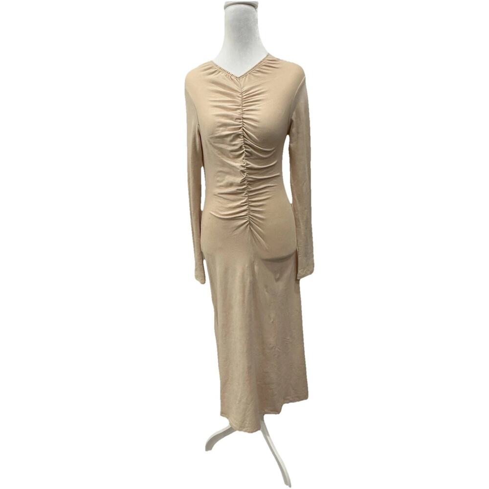 NWT Toit Volant Maxi Dress S Beige Ruched Bodycon LS Minimalist Designer Stretch